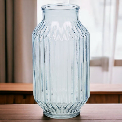URBNLIVING Height 23cm Tall Blue Glass Table Vase Jar Flowers Centrepiece Ribbed Striped Design
