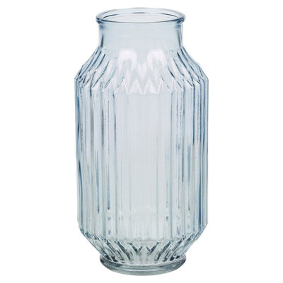 URBNLIVING Height 23cm Tall Blue Glass Table Vase Jar Flowers Centrepiece Ribbed Striped Design - 4