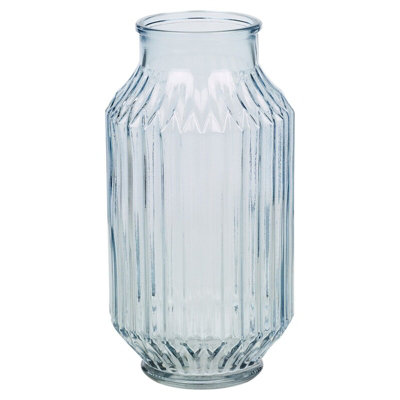 URBNLIVING Height 23cm Tall Blue Glass Table Vase Jar Flowers Centrepiece Ribbed Striped Design
