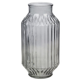 URBNLIVING Height 23cm Tall Grey Glass Table Vase Jar Flowers Centrepiece Ribbed Striped Design