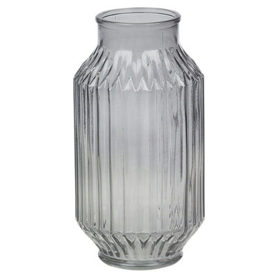 URBNLIVING Height 23cm Tall Grey Glass Table Vase Jar Flowers Centrepiece Ribbed Striped Design - 4