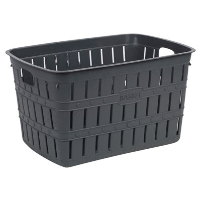 URBNLIVING Height 24cm Anthracite Plastic Bamboo Look Basket Laundry Clothes Storage Sorter Hamper with Handles