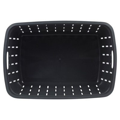 URBNLIVING Height 24cm Anthracite Plastic Bamboo Look Basket Laundry Clothes Storage Sorter Hamper with Handles