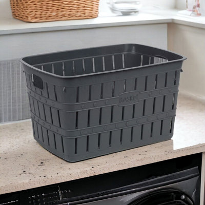URBNLIVING Height 24cm Anthracite Plastic Bamboo Look Basket Laundry Clothes Storage Sorter Hamper with Handles
