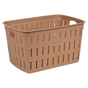 URBNLIVING Height 24cm Cappuccino Plastic Bamboo Look Basket Laundry Clothes Storage Sorter Hamper with Handles