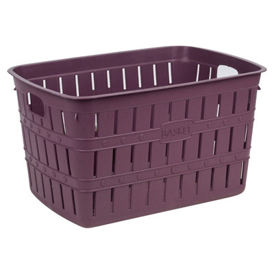 URBNLIVING Height 24cm Purple Plastic Bamboo Look Basket Laundry Clothes Storage Sorter Hamper with Handles