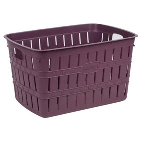 URBNLIVING Height 24cm Purple Plastic Bamboo Look Basket Laundry Clothes Storage Sorter Hamper with Handles