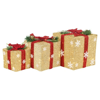 URBNLIVING Height 25cm 3 Piece Gold Light Up LED Gift Box Christmas Decorations Fireplace Display Xmas Decor Price Comparisons | Compare The Build