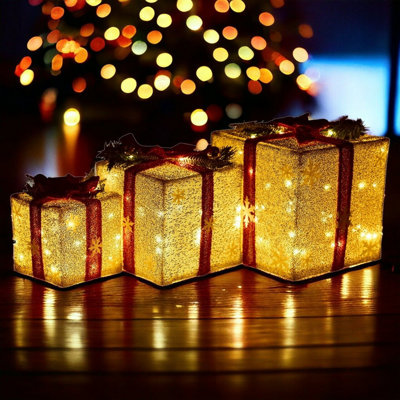 URBNLIVING Height 25cm 3 Piece Gold Light Up LED Gift Box Christmas Decorations Fireplace Display Xmas Decor