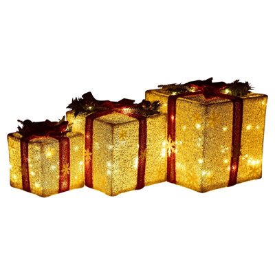 URBNLIVING Height 25cm 3 Piece Gold Light Up LED Gift Box Christmas Decorations Fireplace Display Xmas Decor