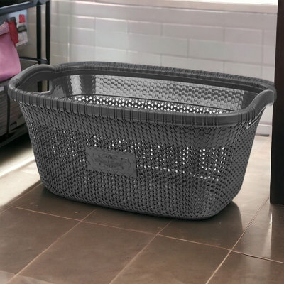 URBNLIVING Height 26cm 40L Anthracite Plastic Rattan Laundry Clothes Basket Storage Hamper with Handles - 3