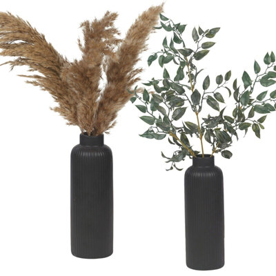 URBNLIVING Height 28.5cm Set of 2 Porcelain Ceramic Black Lined Design Bottle Table Vase Decorative