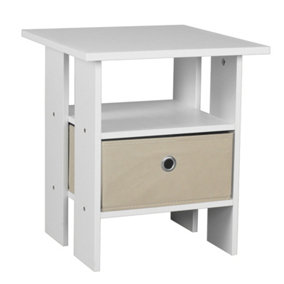 URBNLIVING Height 40cm 2 Tier Wooden White Table 1 Biege Drawer Side End Living Room Bedside Nightstand
