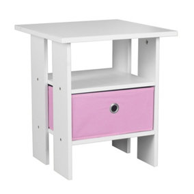 URBNLIVING Height 40cm 2 Tier Wooden White Table 1 Pink Drawer Side End Living Room Bedside Nightstand