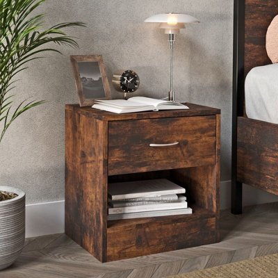 URBNLIVING Height 42cm 1 Drawer Compact Wooden Bedroom Rustic Brown Bedside Cabinet Furniture Nightstand Side Table