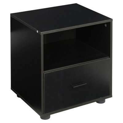 URBNLIVING Height 43cm 1 Drawer Wooden Bedside Black Cabinet Bedroom Furniture Storage Nightstand