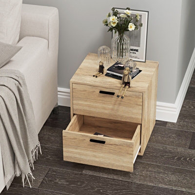 URBNLIVING Height 43cm 2 Drawer Wooden Bedside Table Cabinet Bedroom Furniture Oak Storage Nightstand
