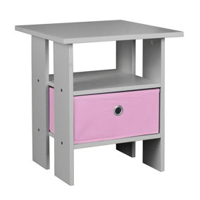 URBNLIVING Height 45cm 2 Tier Bedside Table Grey and Pink 1 Drawer Nightstand