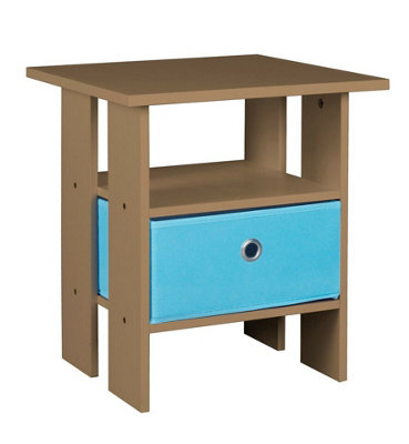 URBNLIVING Height 45cm 2 Tier Bedside Table Oak and Light Blue 1 Drawer Nightstand