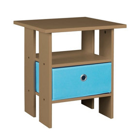URBNLIVING Height 45cm 2 Tier Bedside Table Oak and Light Blue 1 Drawer Nightstand