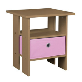 URBNLIVING Height 45cm 2 Tier Bedside Table Oak and Pink 1 Drawer Nightstand