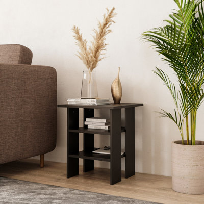 URBNLIVING Height 45Cm 2 Tier Side Table Wooden Bedroom Bedside Table Colour Black Nightstand Living Room Side Cabinet