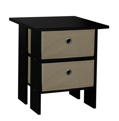 URBNLIVING Height 45cm 2 Tier Wooden Black Table 2 Beige Drawer Bedroom Bedside Nightstand Living Room Side Cabinet