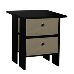 URBNLIVING Height 45cm 2 Tier Wooden Black Table 2 Beige Drawer Bedroom Bedside Nightstand Living Room Side Cabinet