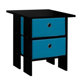 URBNLIVING Height 45cm 2 Tier Wooden Black Table 2 Light Blue Drawer Bedroom Bedside Nightstand Living Room Side Cabinet