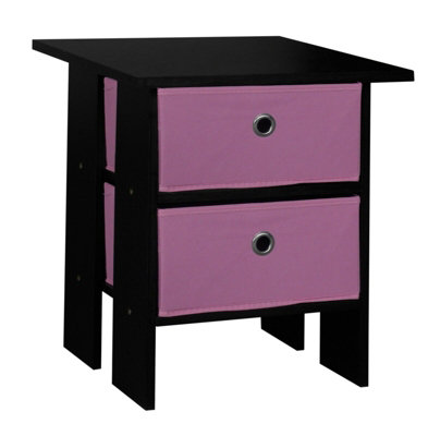 URBNLIVING Height 45cm 2 Tier Wooden Black Table 2 Pink Drawer Bedroom Bedside Nightstand Living Room Side Cabinet