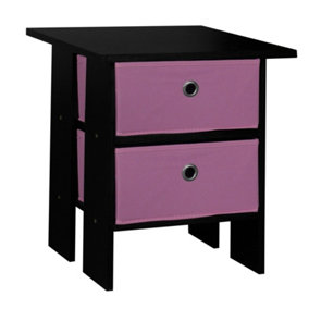 URBNLIVING Height 45cm 2 Tier Wooden Black Table 2 Pink Drawer Bedroom Bedside Nightstand Living Room Side Cabinet