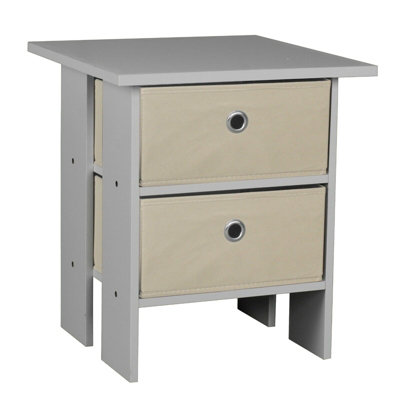 URBNLIVING Height 45cm 2 Tier Wooden Grey Table 2 Beige Drawer Bedroom Bedside Nightstand Living Room Side Cabinet