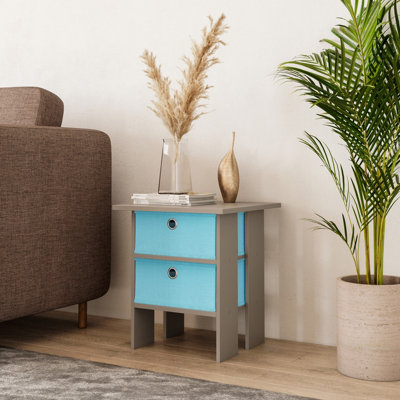 URBNLIVING Height 45cm 2 Tier Wooden Grey Table 2 Light Blue Drawer Bedroom Bedside Nightstand Living Room Side Cabinet
