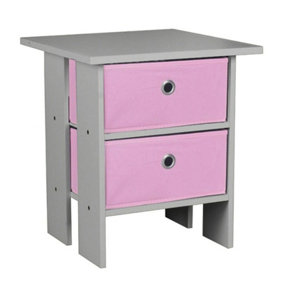URBNLIVING Height 45cm 2 Tier Wooden Grey Table 2 Pink Drawer Bedroom Bedside Nightstand Living Room Side Cabinet