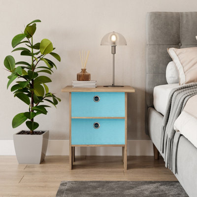 URBNLIVING Height 45cm 2 Tier Wooden Oak Table 2 Light Blue Drawer Bedroom Bedside Nightstand Living Room Side Cabinet