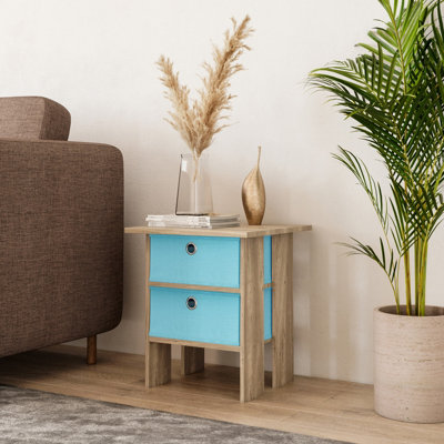 URBNLIVING Height 45cm 2 Tier Wooden Oak Table 2 Light Blue Drawer Bedroom Bedside Nightstand Living Room Side Cabinet
