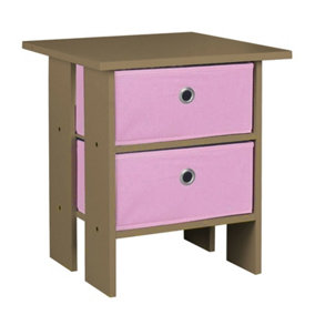 URBNLIVING Height 45cm 2 Tier Wooden Oak Table 2 Pink Drawer Bedroom Bedside Nightstand Living Room Side Cabinet