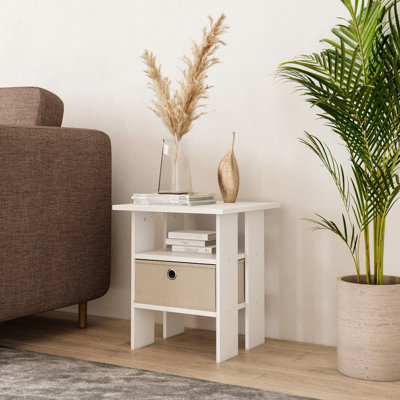 URBNLIVING Height 45cm 2 Tier Wooden White Table 1 Biege Drawer Side End Living Room Bedside Nightstand