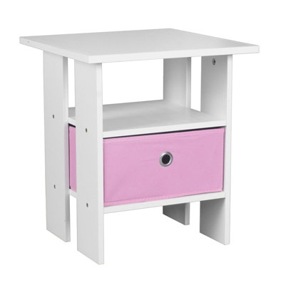 URBNLIVING Height 45cm 2 Tier Wooden White Table 1 Pink Drawer Side End Living Room Bedside Nightstand