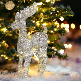 URBNLIVING Height 45cm Set of 2 Silver LED Light Up Christmas Reindeer Rattan Metal Wire Stag Statue Decoration