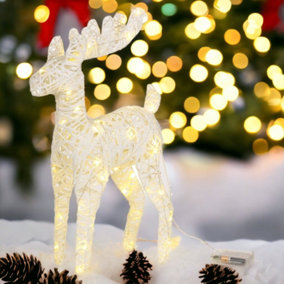 URBNLIVING Height 45cm Set of 2 White with Glitter LED Light Up Christmas Reindeer Rattan Metal Wire Stag Statue Decoration