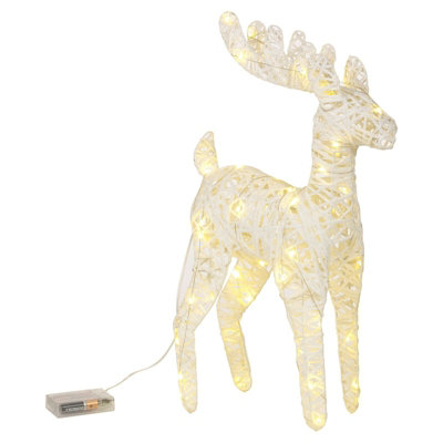 URBNLIVING Height 45cm Set of 2 White with Glitter LED Light Up Christmas Reindeer Rattan Metal Wire Stag Statue Decoration