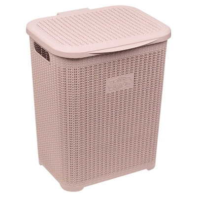 URBNLIVING Height 47cm Plastic Colour Pink Laundry Basket Dirty Clothes Washing Storage Hamper with Handles & Lid