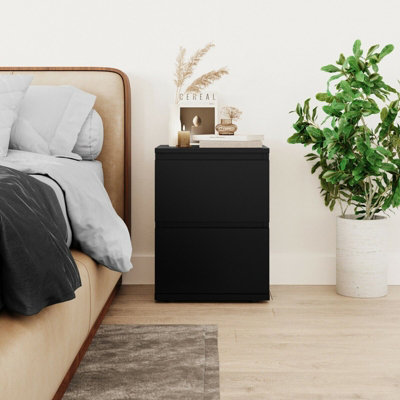 URBNLIVING Height 49cm 2 Drawer Wooden Bedroom Bedside Cabinet Colour Black Carcass and Black Drawers No Handle Nightstand