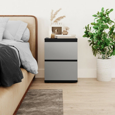 URBNLIVING Height 49cm 2 Drawer Wooden Bedroom Bedside Cabinet Colour Black Carcass and Grey Drawers No Handle Nightstand
