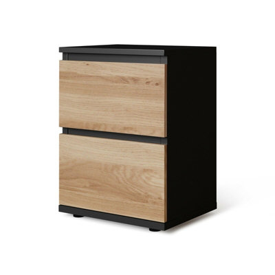 URBNLIVING Height 49cm 2 Drawer Wooden Bedroom Bedside Cabinet Colour Black Carcass and Oak Drawers No Handle Nightstand