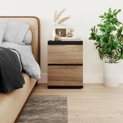 URBNLIVING Height 49cm 2 Drawer Wooden Bedroom Bedside Cabinet Colour Black Carcass and Oak Drawers No Handle Nightstand