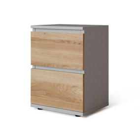 URBNLIVING Height 49cm 2 Drawer Wooden Bedroom Bedside Cabinet Colour Grey Carcass and Oak Drawers No Handle Nightstand