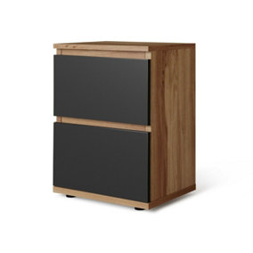 URBNLIVING Height 49cm 2 Drawer Wooden Bedroom Bedside Cabinet Colour Oak Carcass and Black Drawers No Handle Nightstand