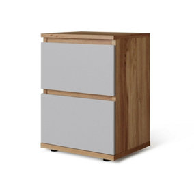 URBNLIVING Height 49cm 2 Drawer Wooden Bedroom Bedside Cabinet Colour Oak Carcass and Grey Drawers No Handle Nightstand